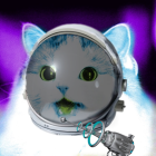 Stylized robot cat with astronaut helmet head and cosmic backdrop