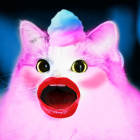 Fluffy Pink Cartoon Cat with Rainbow Horn