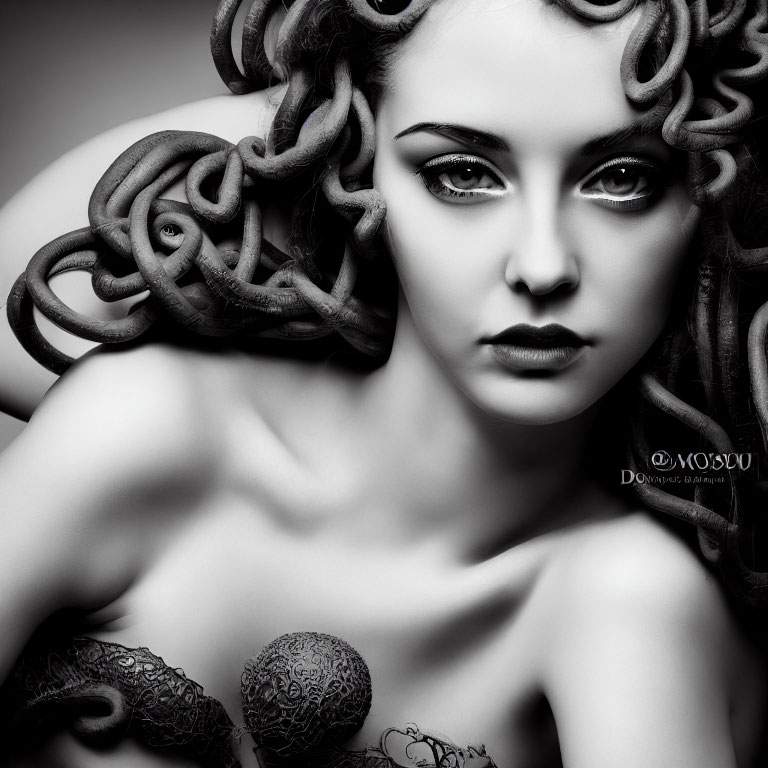 Monochromatic portrait of person with snake-like hair and intense eyes.