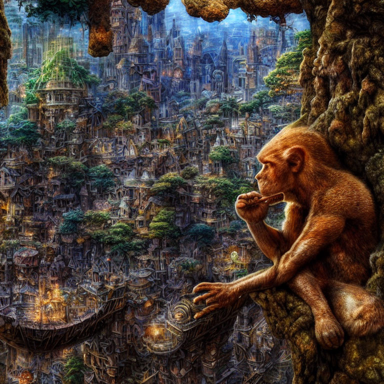 Monkey observing fantastical cityscape with ornate structures and golden lighting