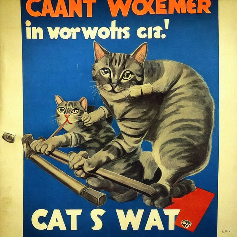 Anthropomorphic cats vintage poster with worker attire and tools, featuring text "CAANT WOXEM
