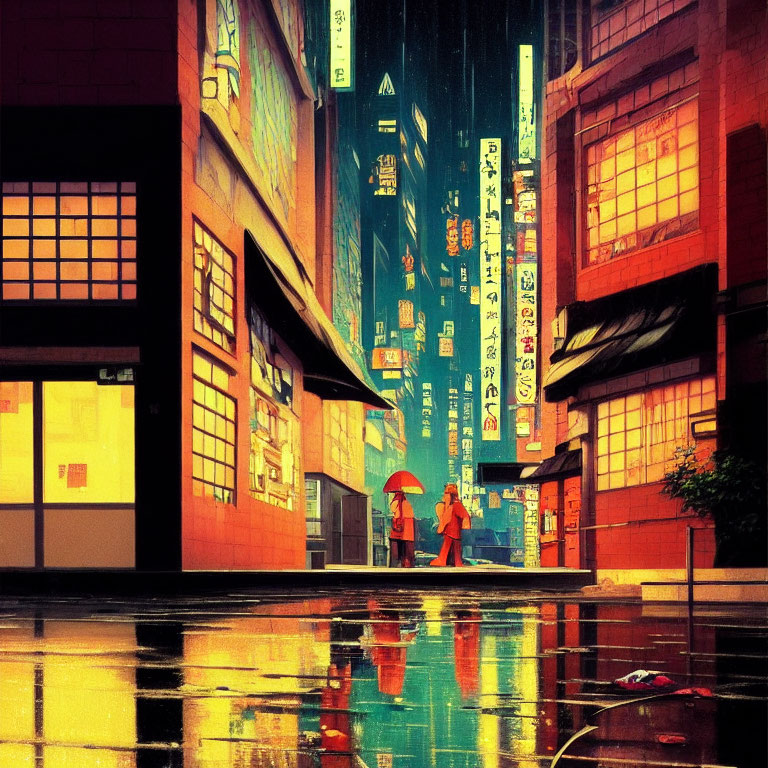 Urban alley scene: Two people with umbrella in neon-lit city at dusk