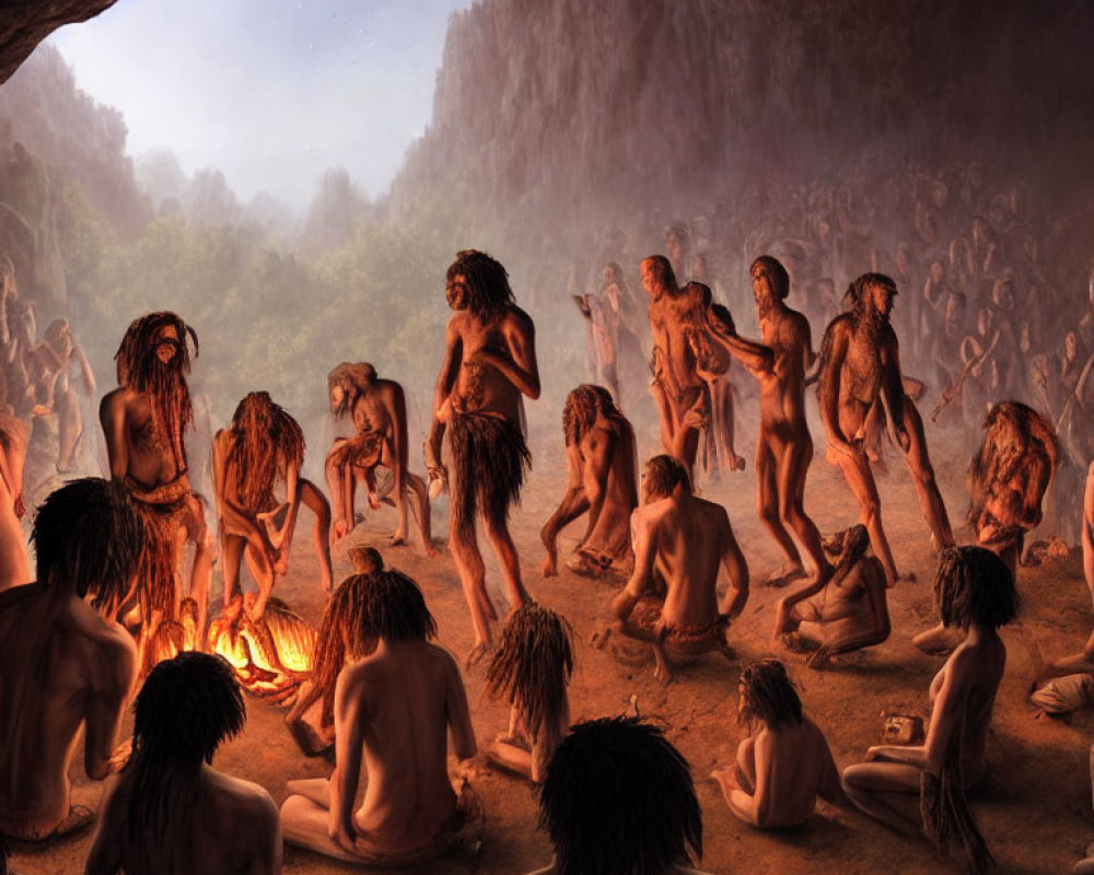 Prehistoric humans in a cave around a fire engaging in social activities
