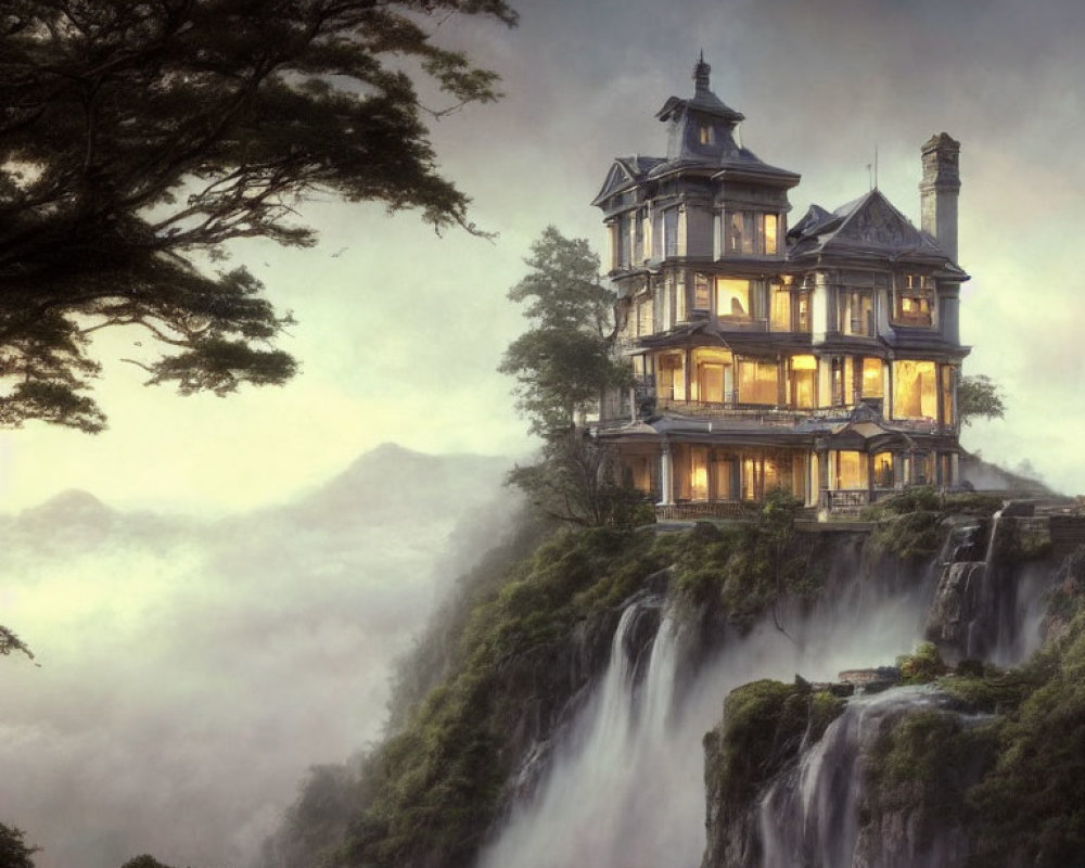 Victorian-style mansion on cliff with waterfalls in misty forest landscape