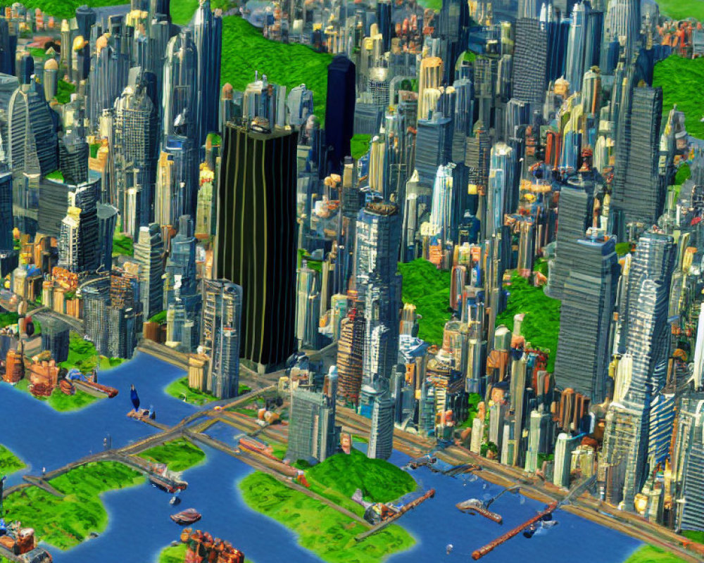 Urban landscape with skyscrapers, waterways, and green spaces under a clear blue sky