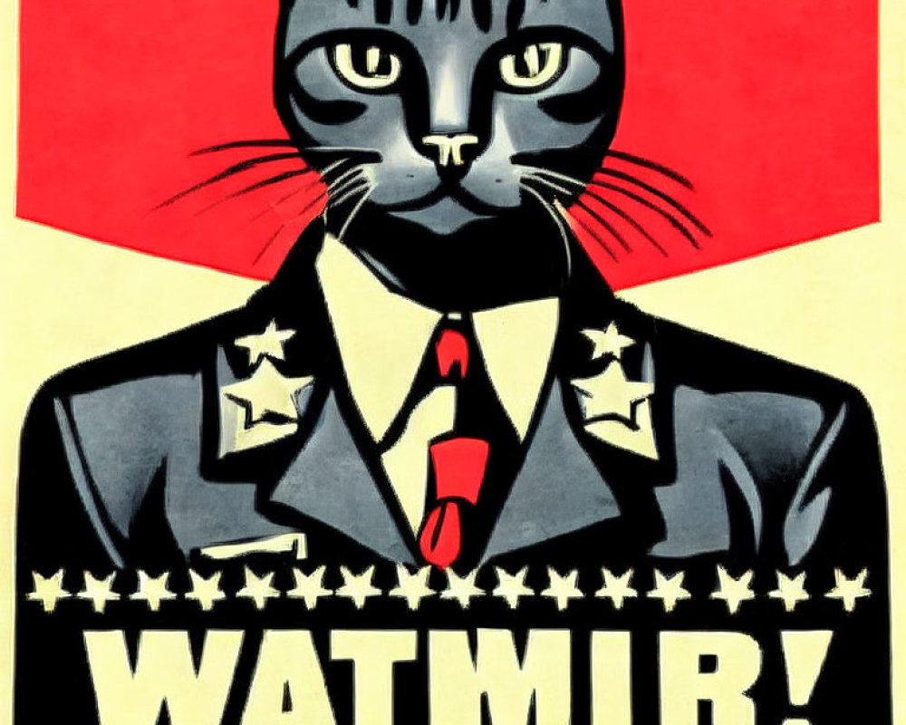 Anthropomorphized cat poster with tie and medals on red and yellow background.