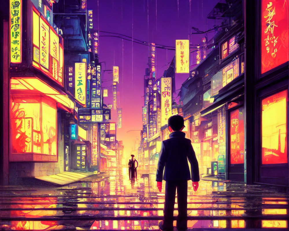 Child on Wet Street at Dusk with Neon Signs in Urban Setting