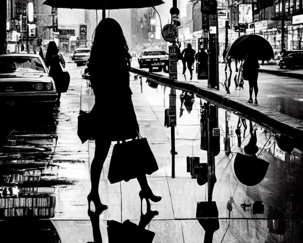 Silhouetted Figures with Umbrellas on Wet City Street