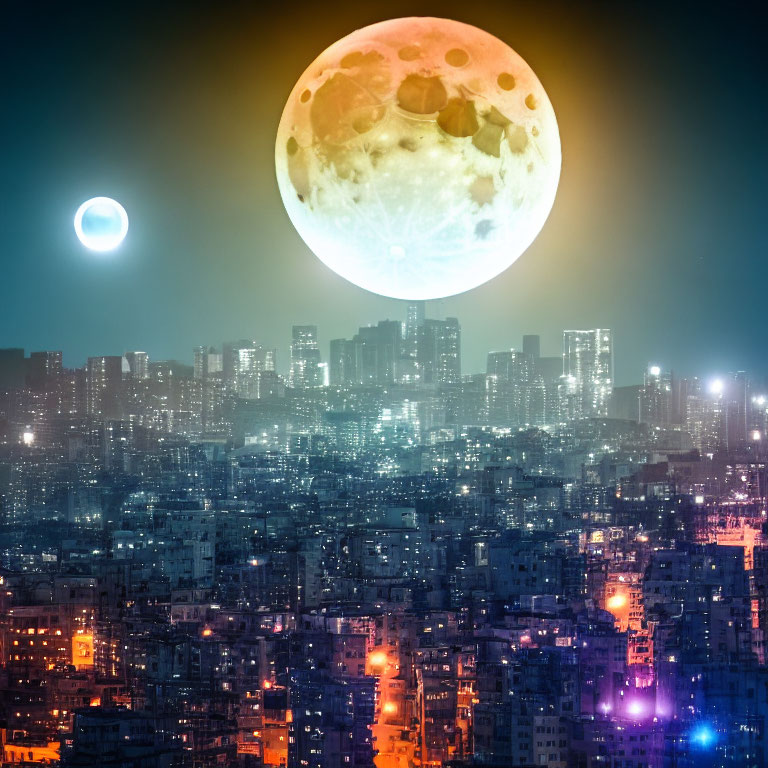 Surreal night cityscape with massive moon and glowing celestial body