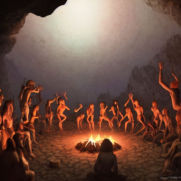 Prehistoric humans in cave: gathering around fire, dancing, playing instruments.