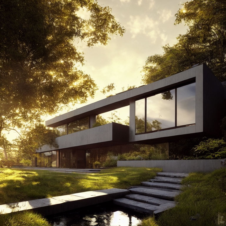 Contemporary cantilevered house with glass windows in green surroundings.
