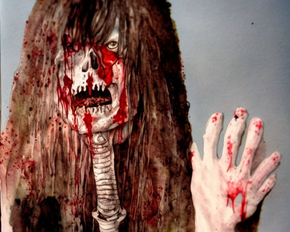 Eerie illustration of a skeletal-faced figure with bloodied mouth and outreached hand