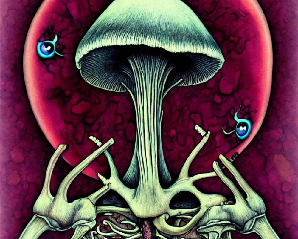 Stylized mushroom-headed figure with skeletal hands in red and violet aura.