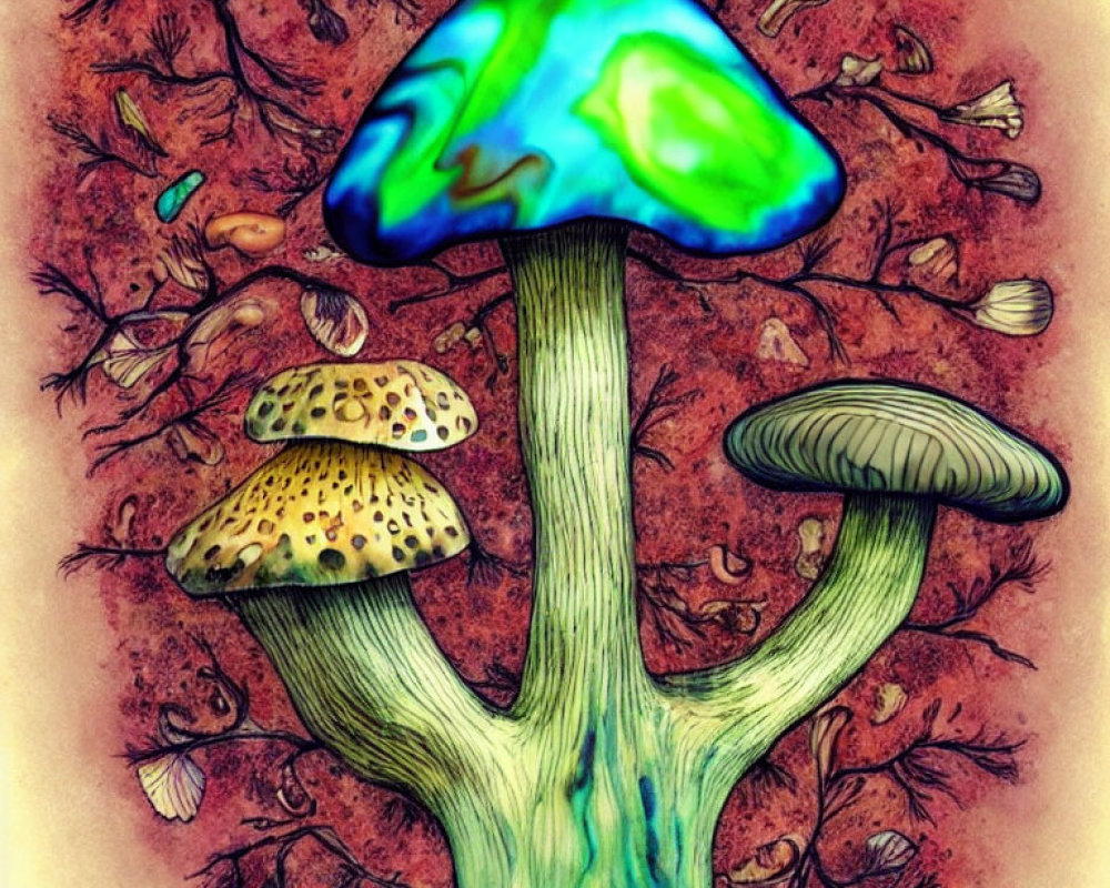 Colorful Stylized Mushroom Illustration with Blue Cap in Earthy Setting