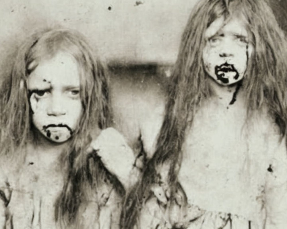 Two girls with smudged dark makeup in haunting sepia-toned photo