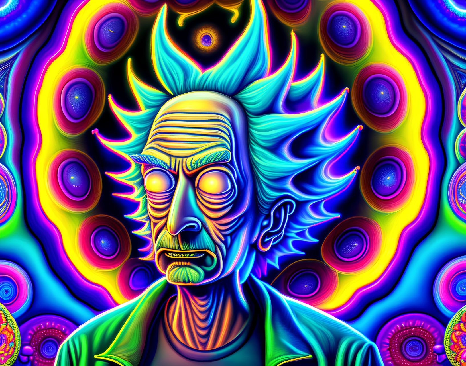 Colorful Psychedelic Artwork: Stylized Man with Exaggerated Features & Kaleidos