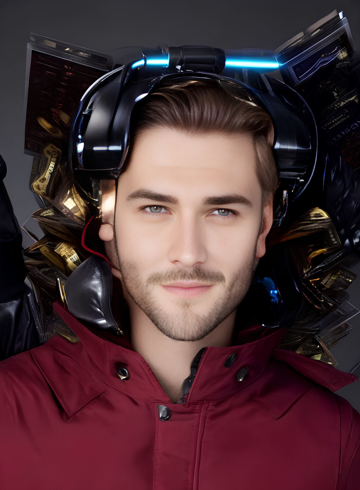 Bearded man in red jacket with futuristic headphones and floating gold bars