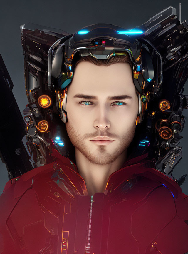 Portrait of person with advanced robotic headgear in black and metallic hues over red high-tech suit