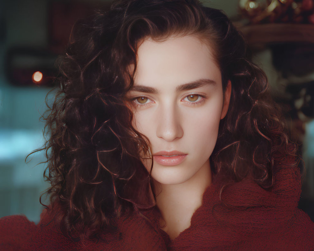 Portrait of Person with Wavy Hair and Piercing Gaze in Red Garment