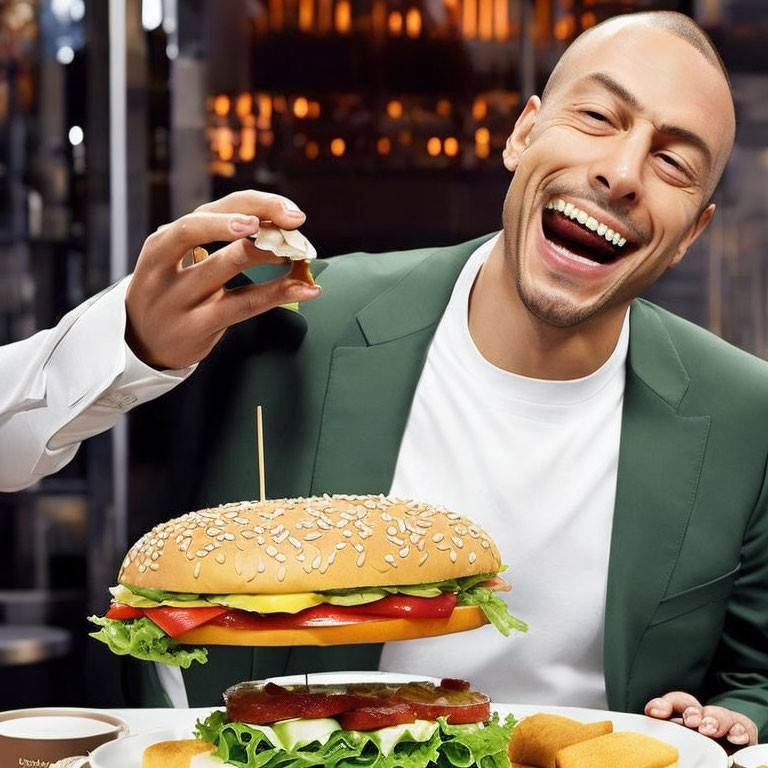 Man in Green Jacket Enjoying Large Burger in Restaurant Setting