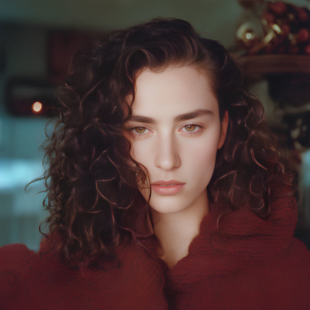 Portrait of Person with Wavy Hair and Piercing Gaze in Red Garment