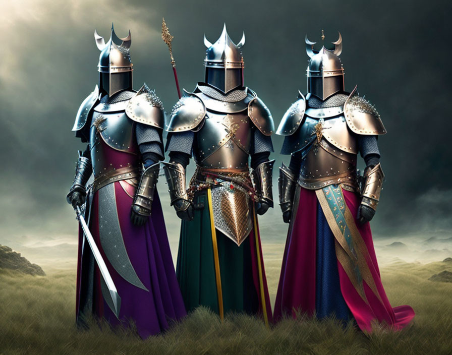 Three knights in ornate armor with medieval weapons and capes against stormy backdrop