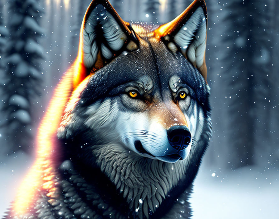 Realistic wolf face digital art in snowy forest setting