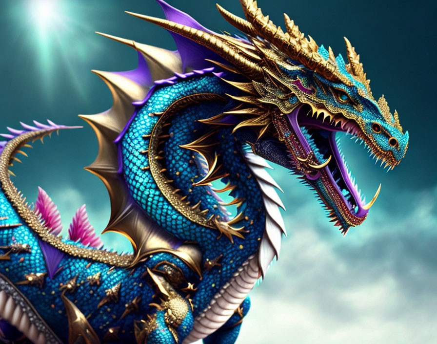 Blue and Gold Dragon with Sharp Scales and Glowing Eyes in Dramatic Sky