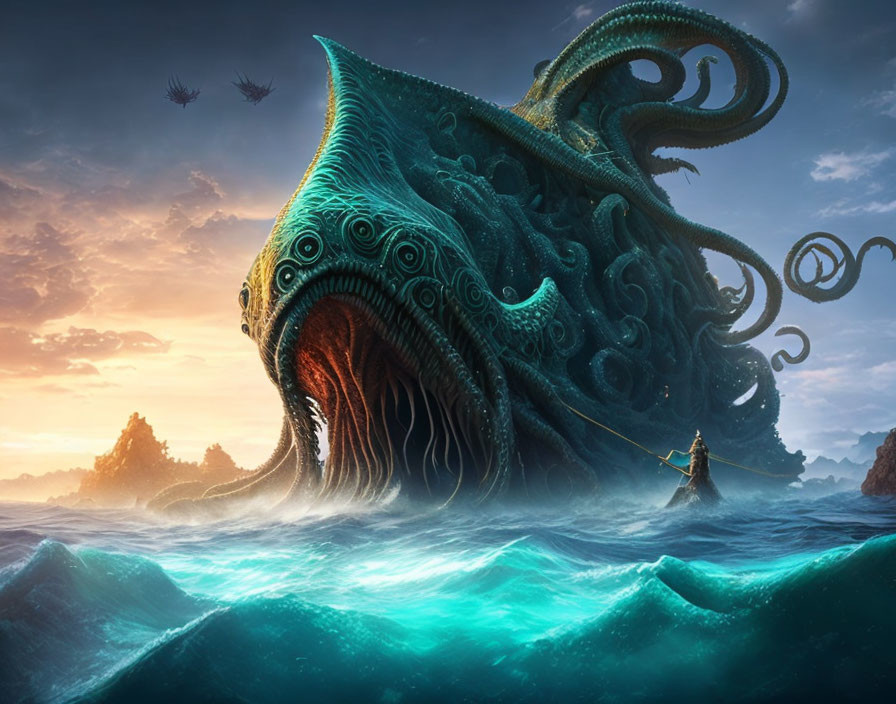 Giant sea creature with tentacles near lone rower under dramatic sky