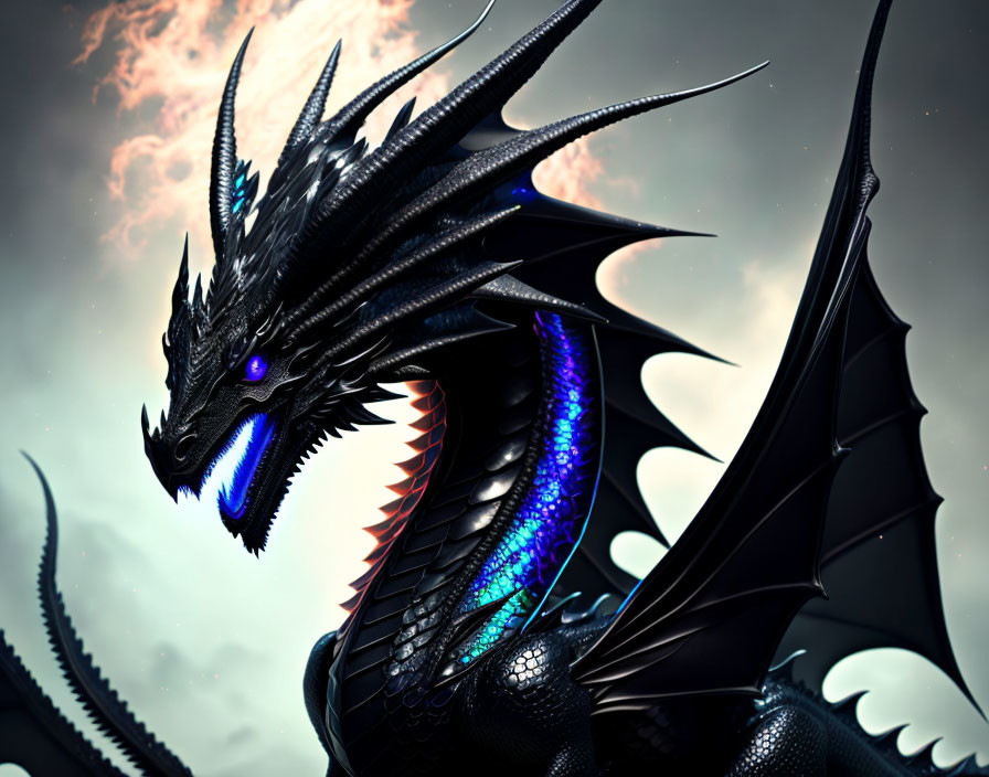 Majestic black dragon with blue glowing eyes and vibrant scales under dramatic sky