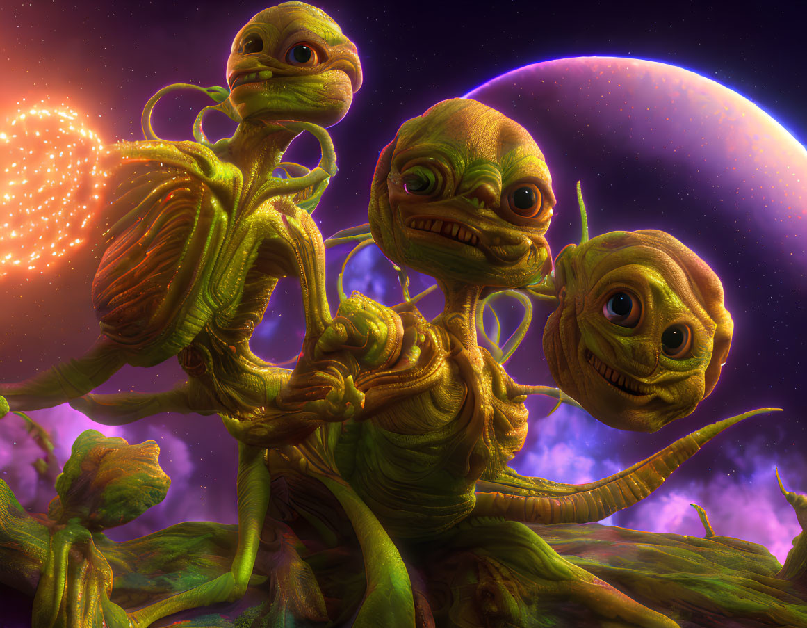 Three expressive extraterrestrial creatures on green terrain with cosmic backdrop