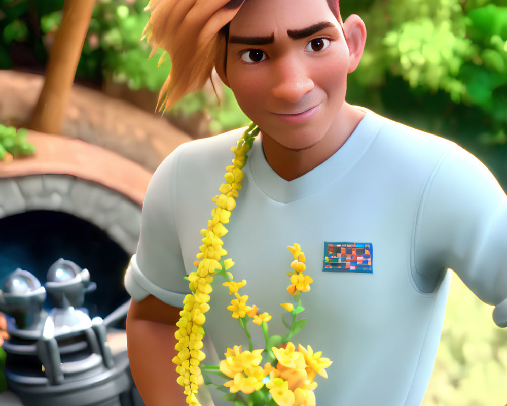 Warm smile 3D-animated male character with yellow flowers in blurred garden.