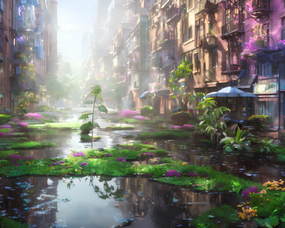 Sunlit city street transformed into canal with lush greenery and flowers