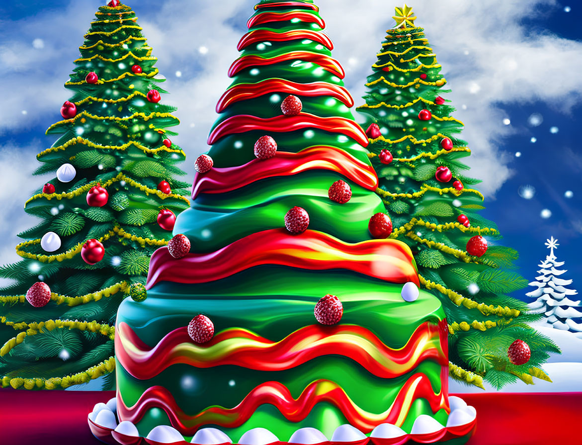 Colorful Swirl Pattern Christmas Trees in Snowy Landscape