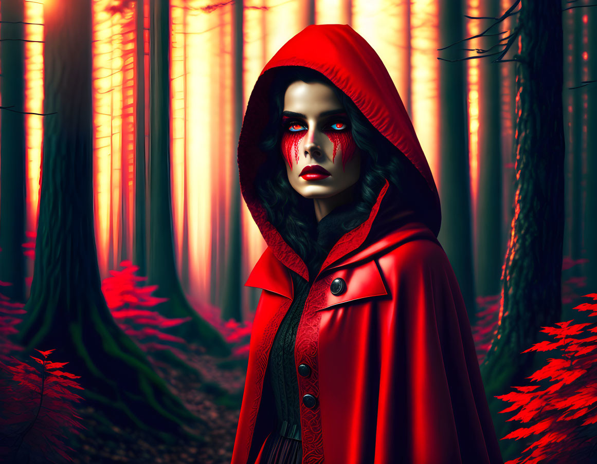 Woman in red hooded cloak with striking makeup in mystical forest with red foliage