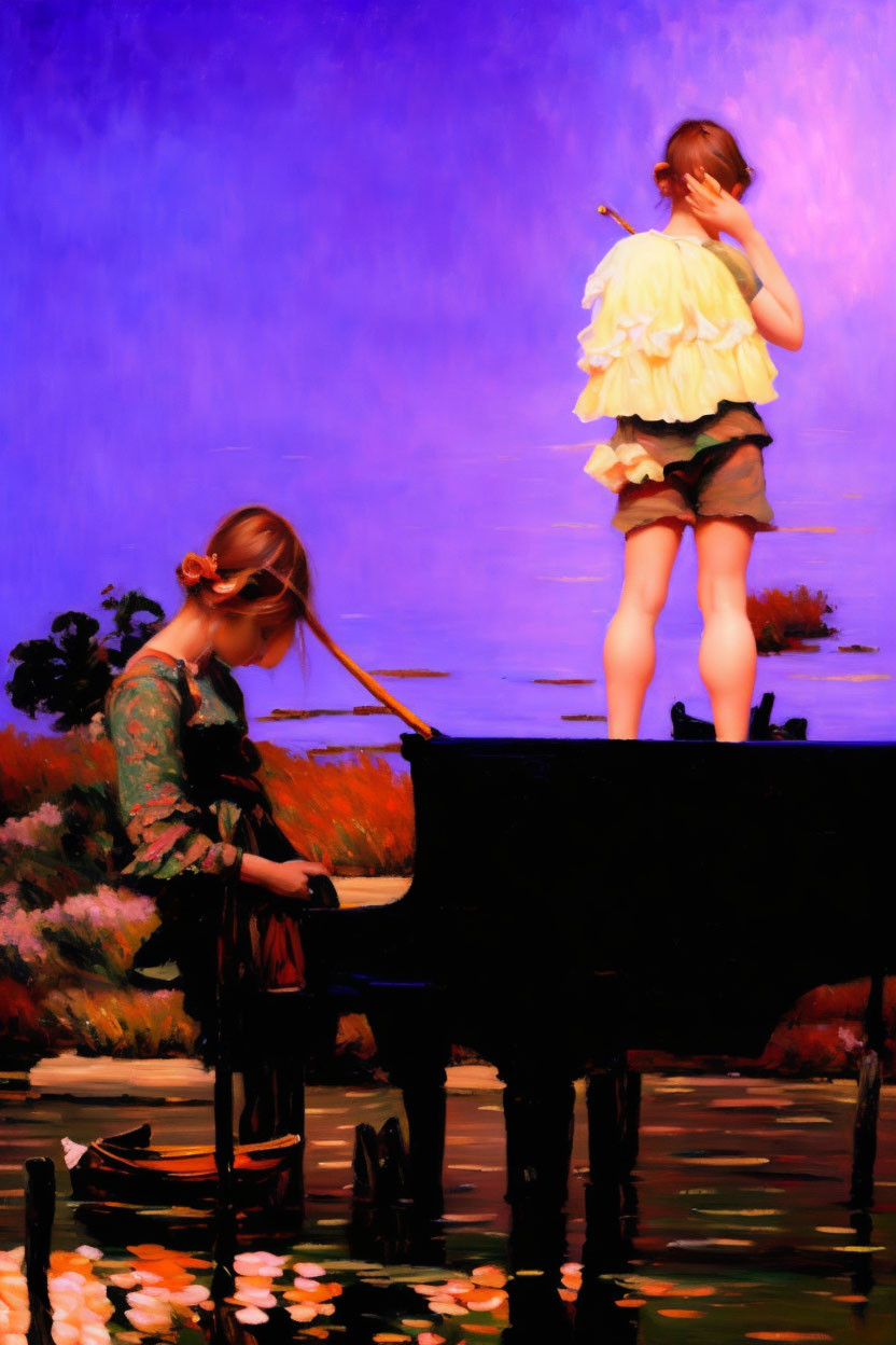 Two girls in yellow and violet with water lilies on a piano.