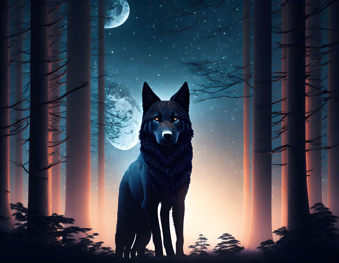 Black wolf under full moon in forest at night