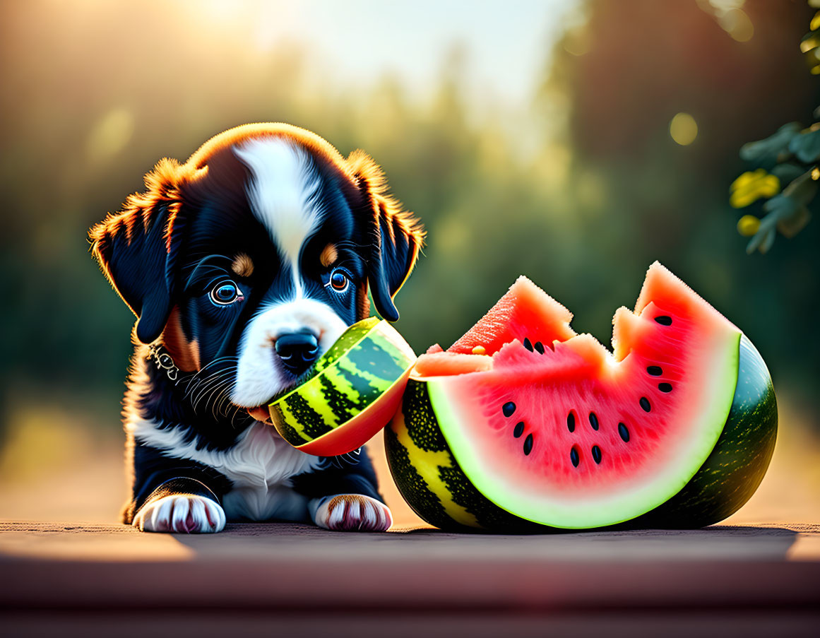 a puppy with a watermelon don't want to fight