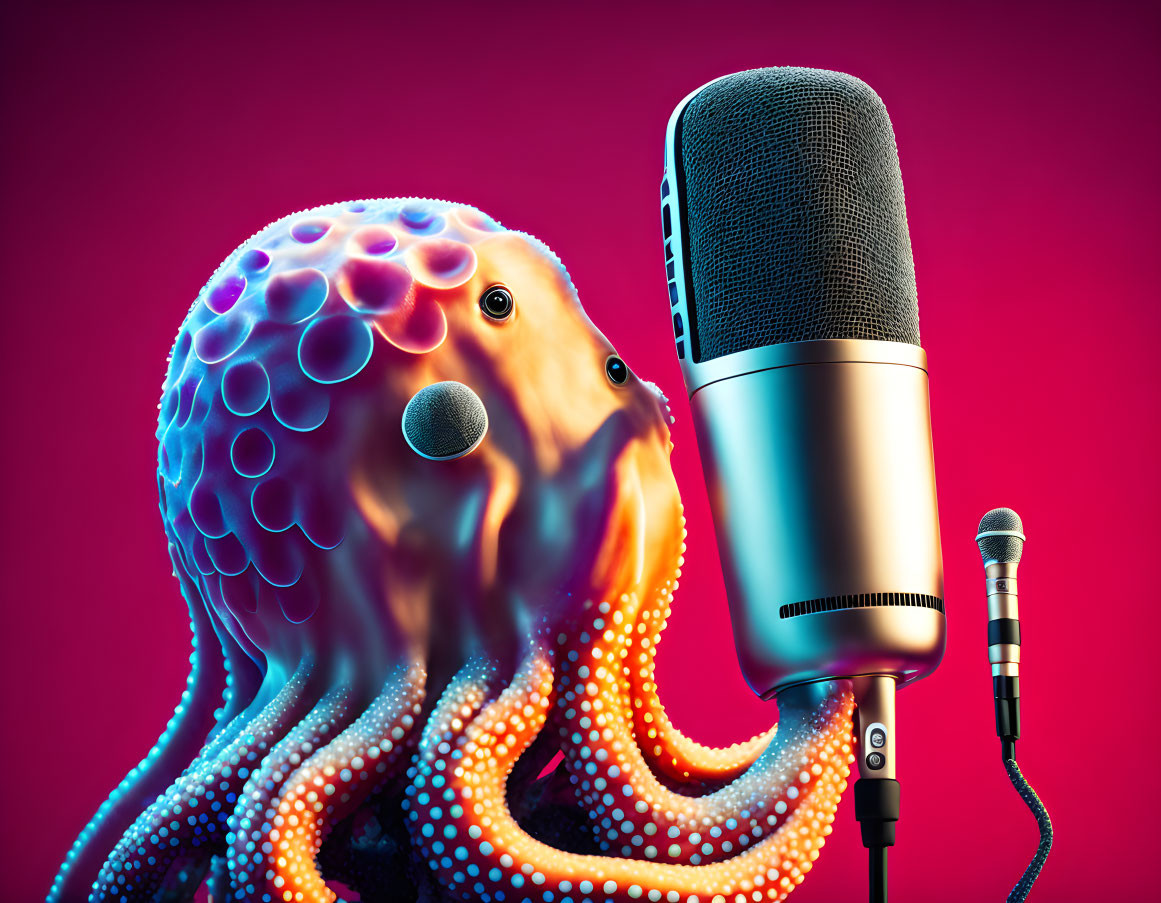 Colorful Octopus Speaking into Vintage Microphone on Pink Background