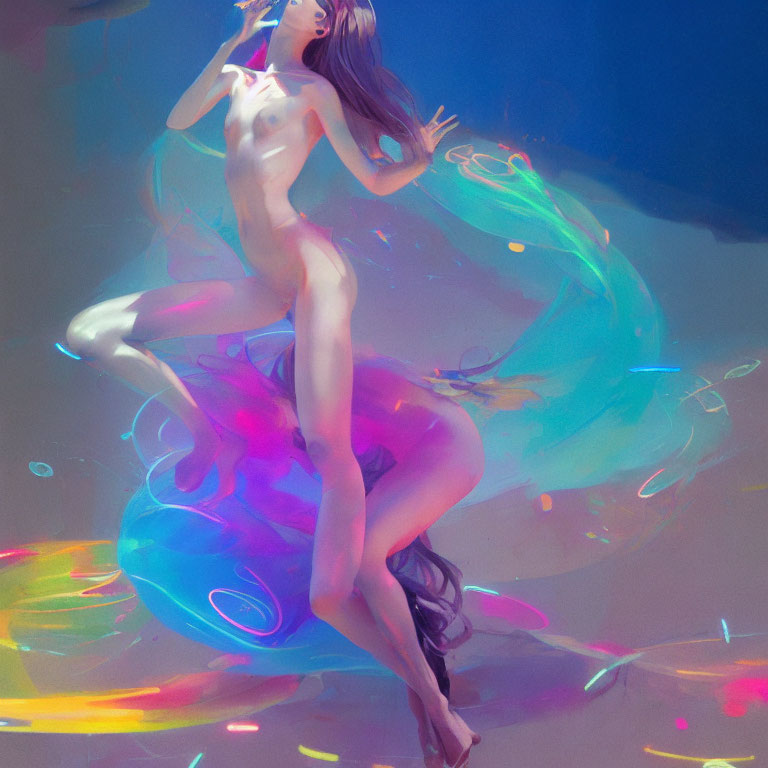 Surreal illustration of weightless nude female figure in vibrant colors