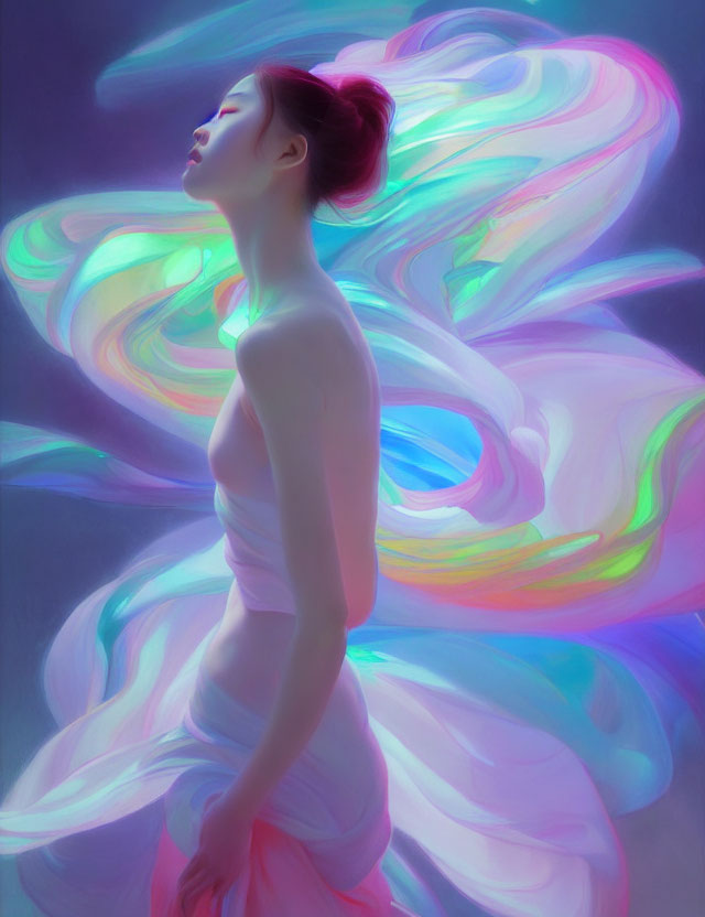 Woman with closed eyes and bun hairstyle among colorful swirling lights