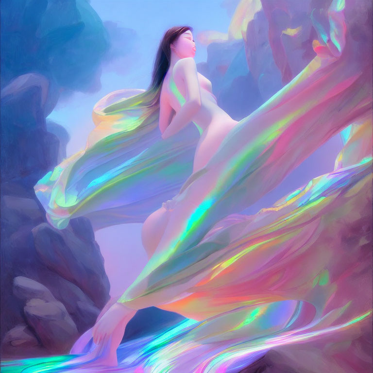 Woman leaning against rocks in soft pastel light with swirling iridescent fabric