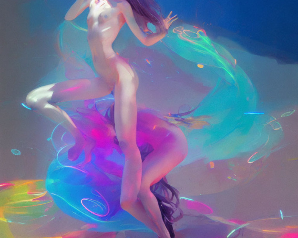 Surreal illustration of weightless nude female figure in vibrant colors
