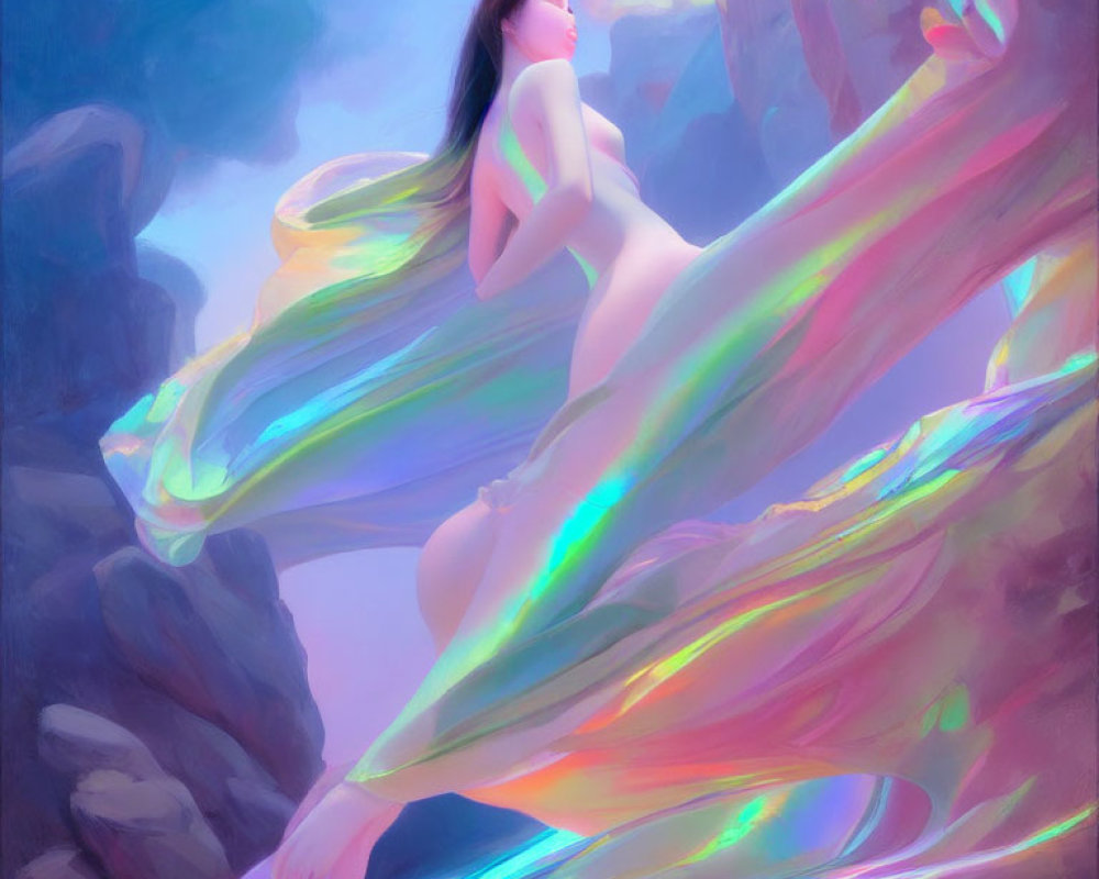 Woman leaning against rocks in soft pastel light with swirling iridescent fabric