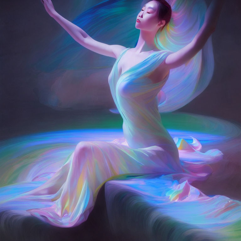 Person in Flowing Robes Surrounded by Soft Light Patterns in Purples, Blues, and
