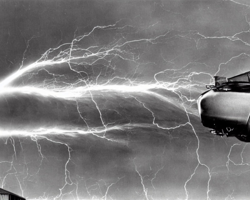 Monochrome image of car propelled by light with intricate lightning network