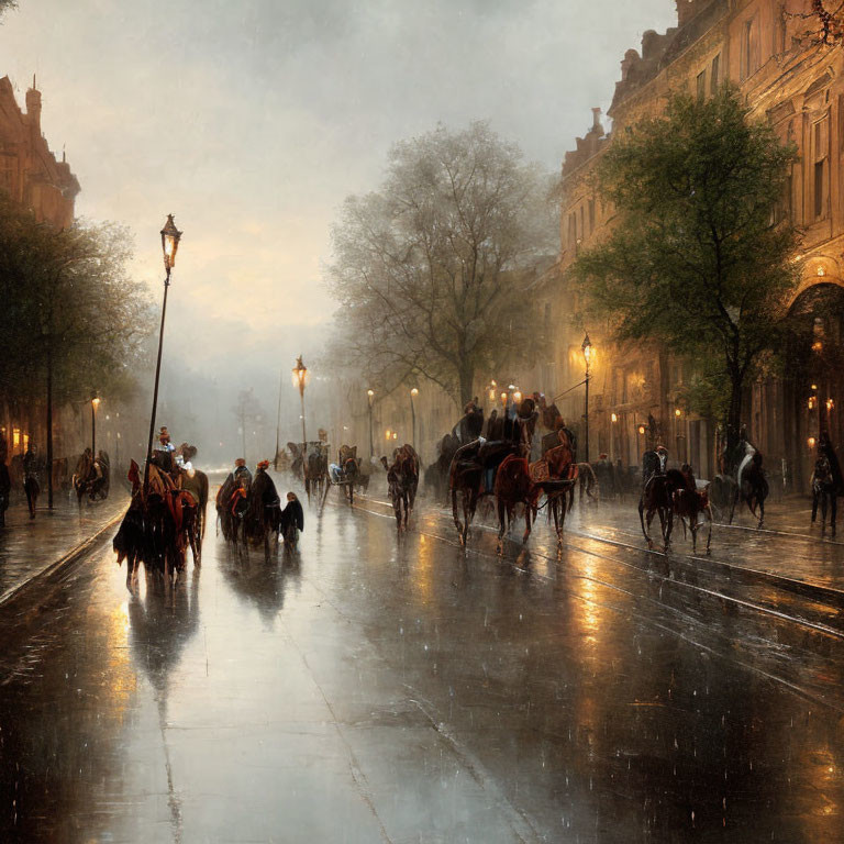 Rainy street scene with horses, carriages, and elegant buildings.