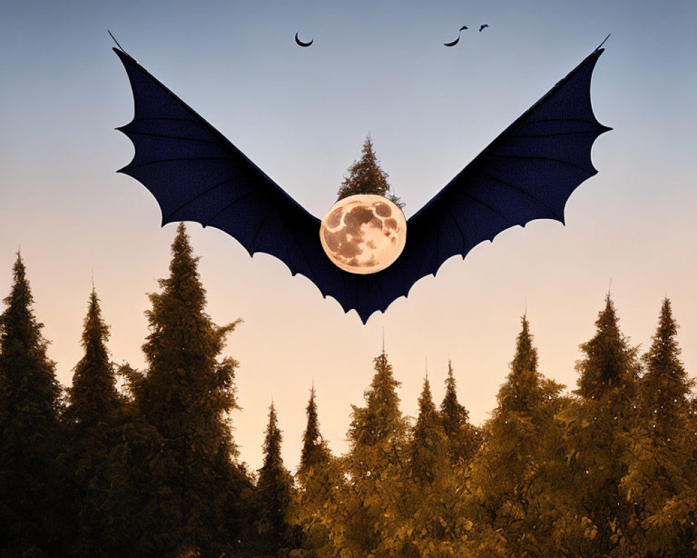 Large Bat Silhouette Flying Against Twilight Sky with Full Moon and Tall Trees
