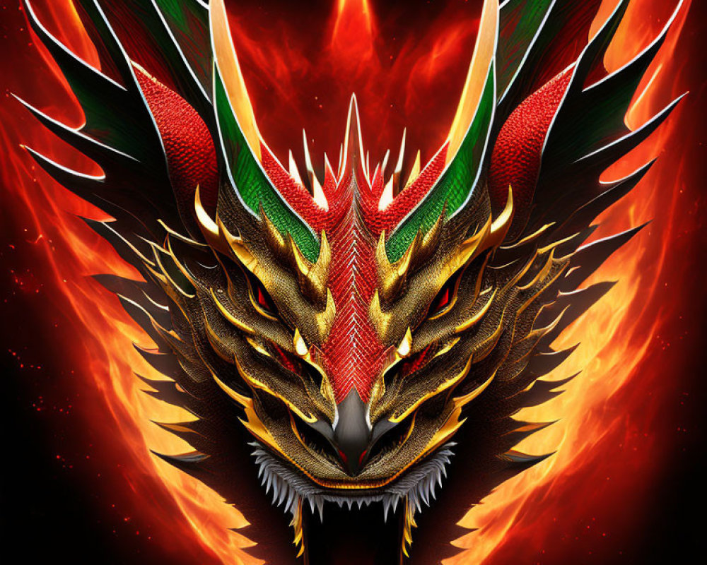 Vibrant dragon head digital illustration with red eyes and flames on dark background
