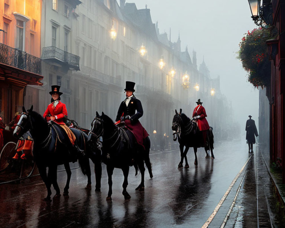 Three riders on horseback in period attire on foggy cobblestone street